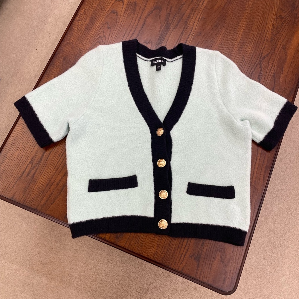 Express Light Green Cardigan with Black Trim